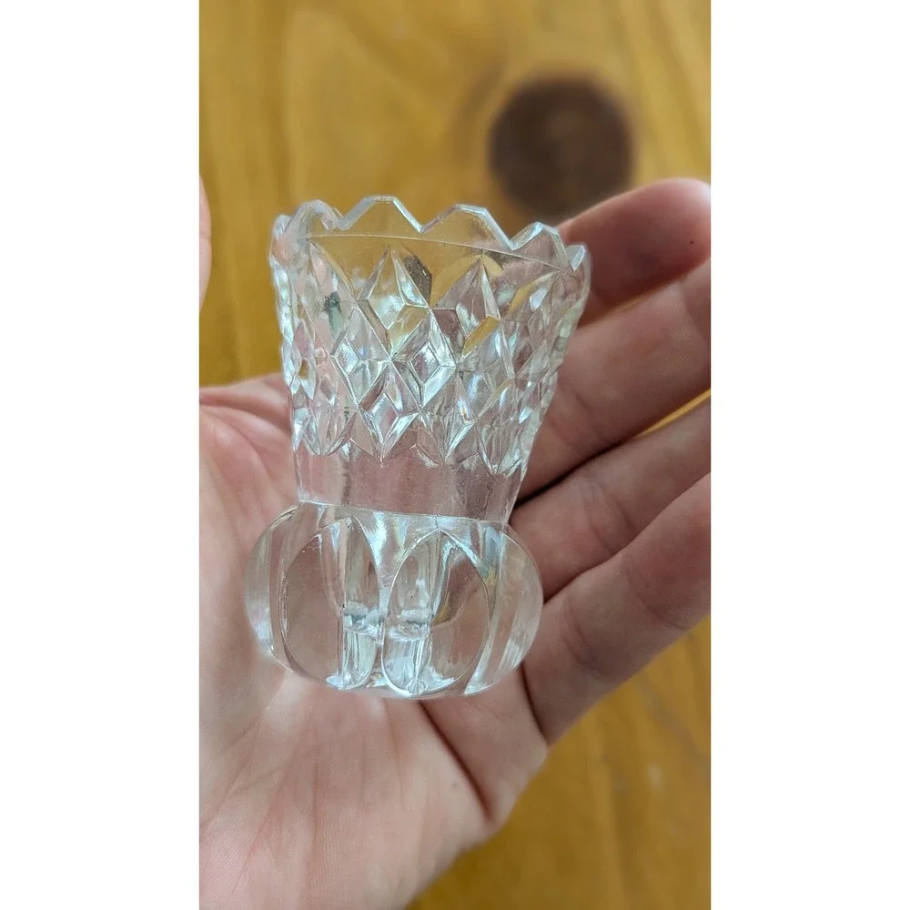 Vintage Cut Lead Crystal Toothpick Holder Sawtooth Rim Starburst Base Clear 2.5